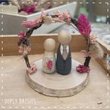 Peg Doll Wedding Couple on Log Slice with Arch 13859