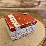 Personalised Wooden Stack of Books Sm - Red / Pink with Lace & Heart 12405
