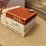 Personalised Wooden Stack of Books Sm - Red / Pink with Lace & Heart 12405
