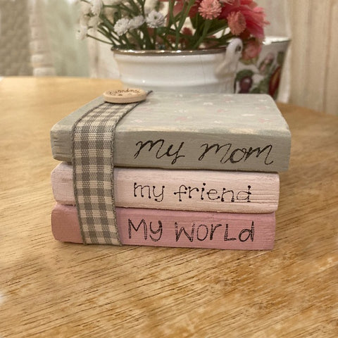 Personalised Wooden Stack of Books Sm - Grey / Pink with Ribbon/Button 12616