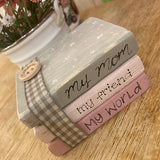 Personalised Wooden Stack of Books Sm - Grey / Pink with Ribbon/Button 12616