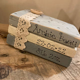 Personalised Wooden Stack of Books Sm - With Polka Dot & Lace/Button 12617
