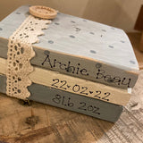 Personalised Wooden Stack of Books Sm - With Polka Dot & Lace/Button 12617