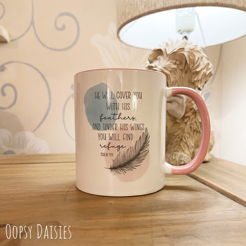 Feather Mug with Pink Handle - He will cover You 13631