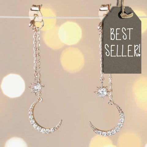 Sparkly Star & Moon Dangly Earrings in Rose Gold 11212