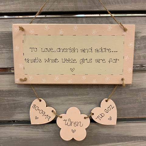 Personalised Long Plaque with Hearts & Flower 8719