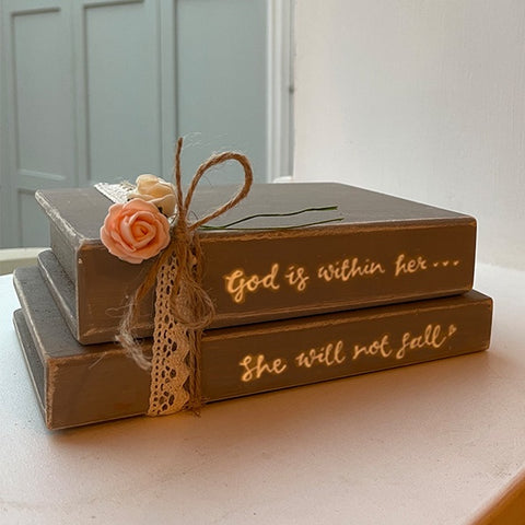 Wooden Stack of Books Lg with Lace - God is Within Her 12665