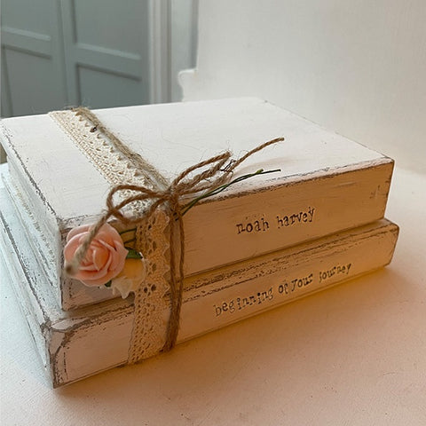 Wooden Stack of Books Lg with Lace - Personalised 12657