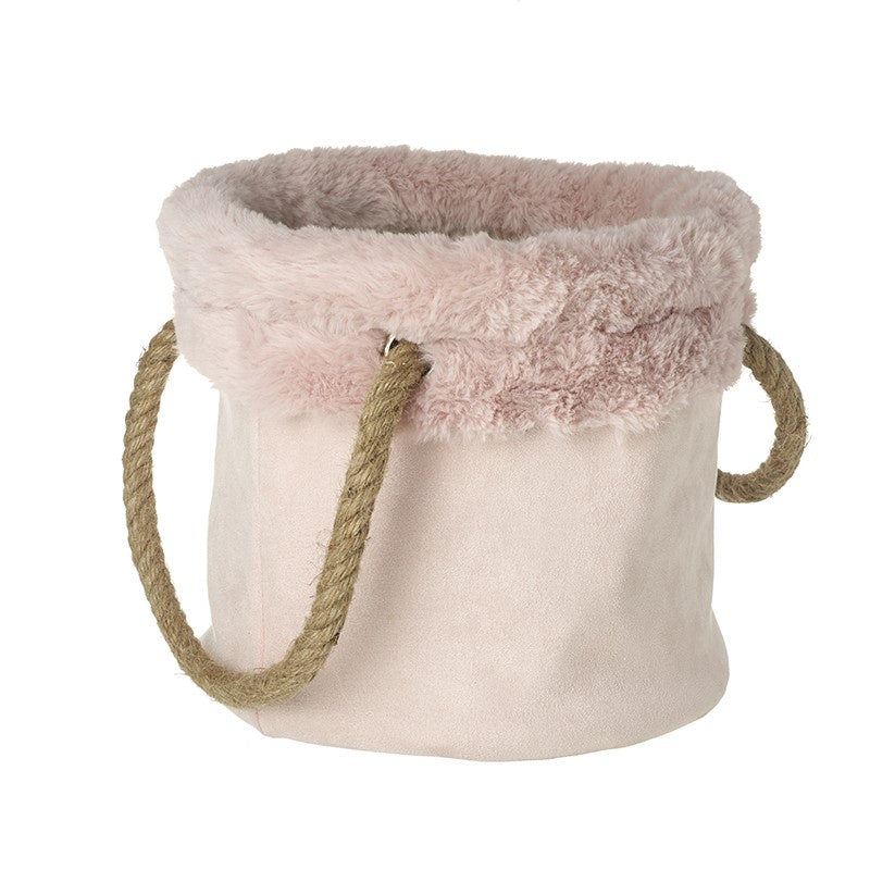 Fabric & Fur Basket with Rope Handles - Pink Lg 8176