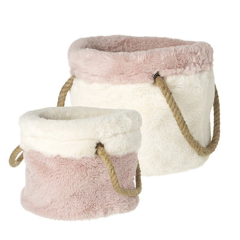 Fabric & Fur Basket with Rope Handles - White Lg 8177