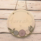Personalised Round Plq with Round Flowers - Stitched Name 9824