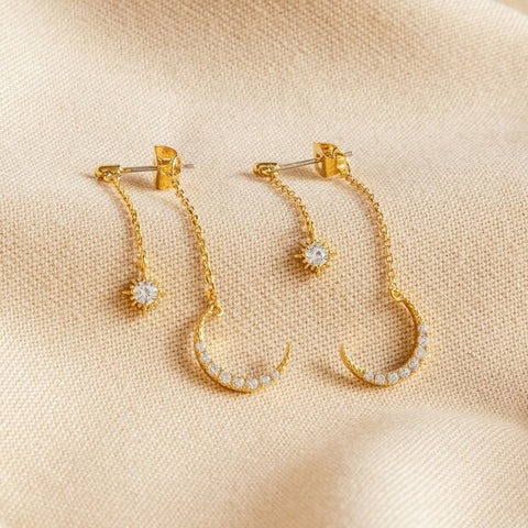 Sparkly Star & Moon Dangly Earrings in Gold 12741